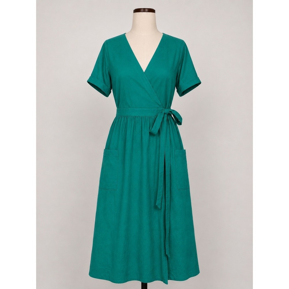 GAP Womens Linen Blend Short Sleeve Wrap Midi Dress Egyptian Turquoise 6 Pockets